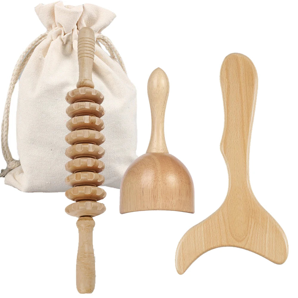 Wood Fascia Massage Tool & Roller Set